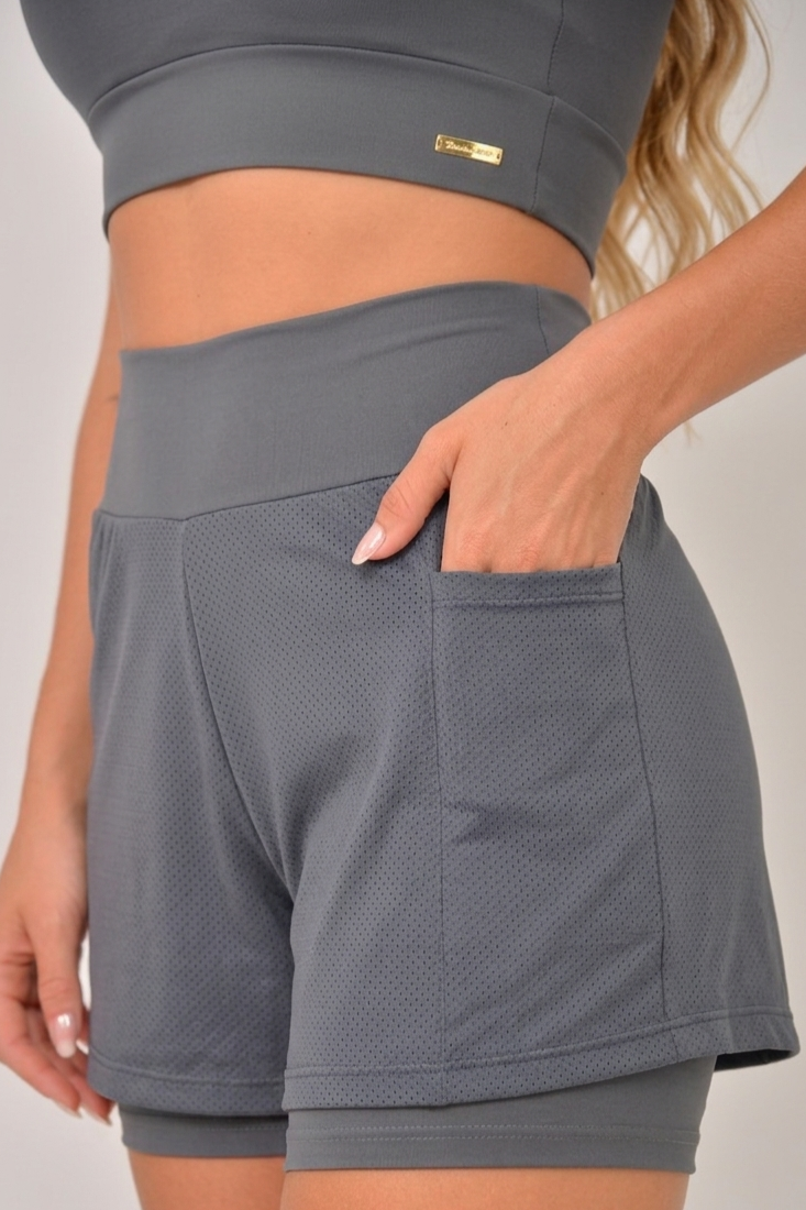 Short Fitness Duplo Com Bolso Cinza Tree