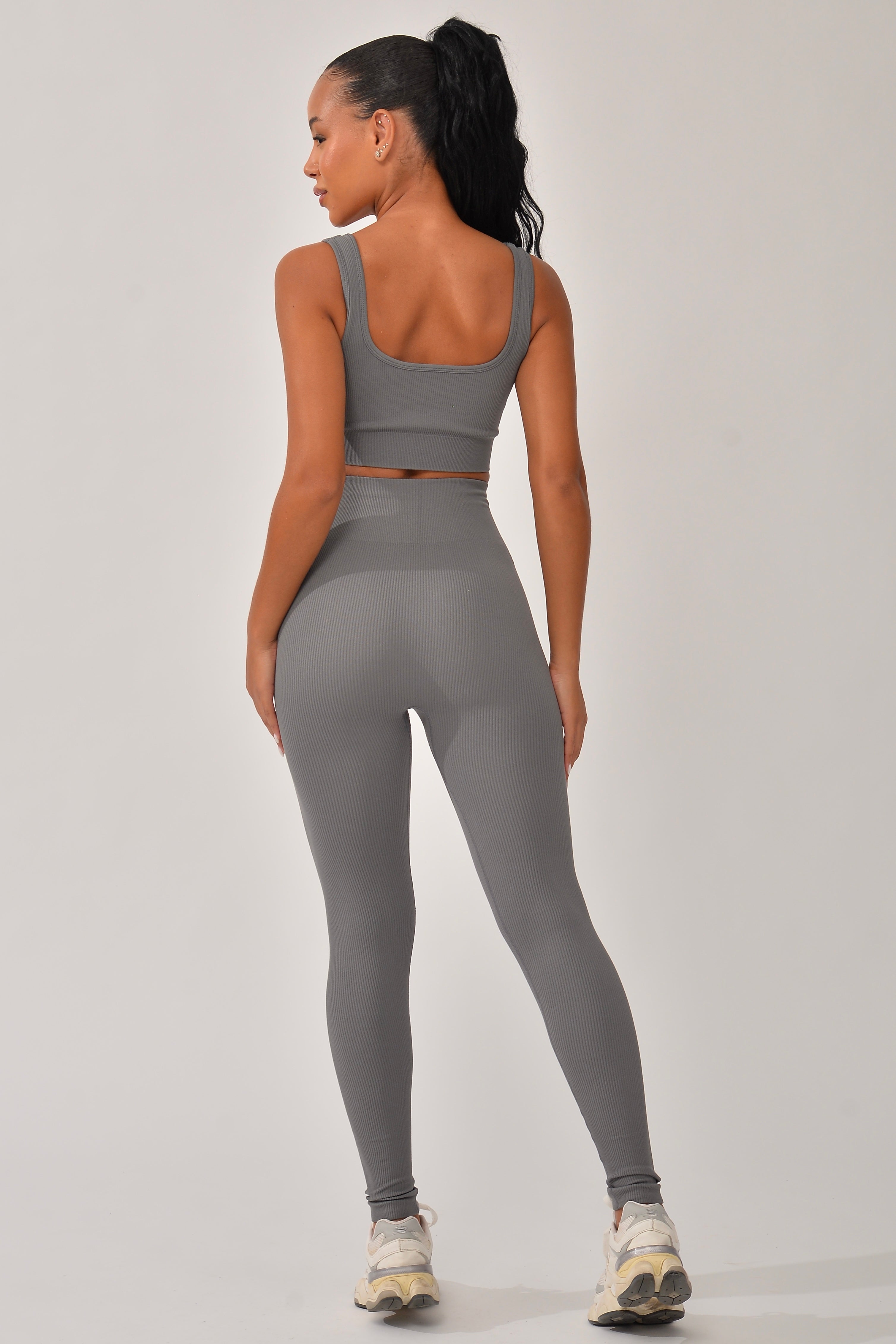 Legging Canelada Cós Alto Cinza Bela