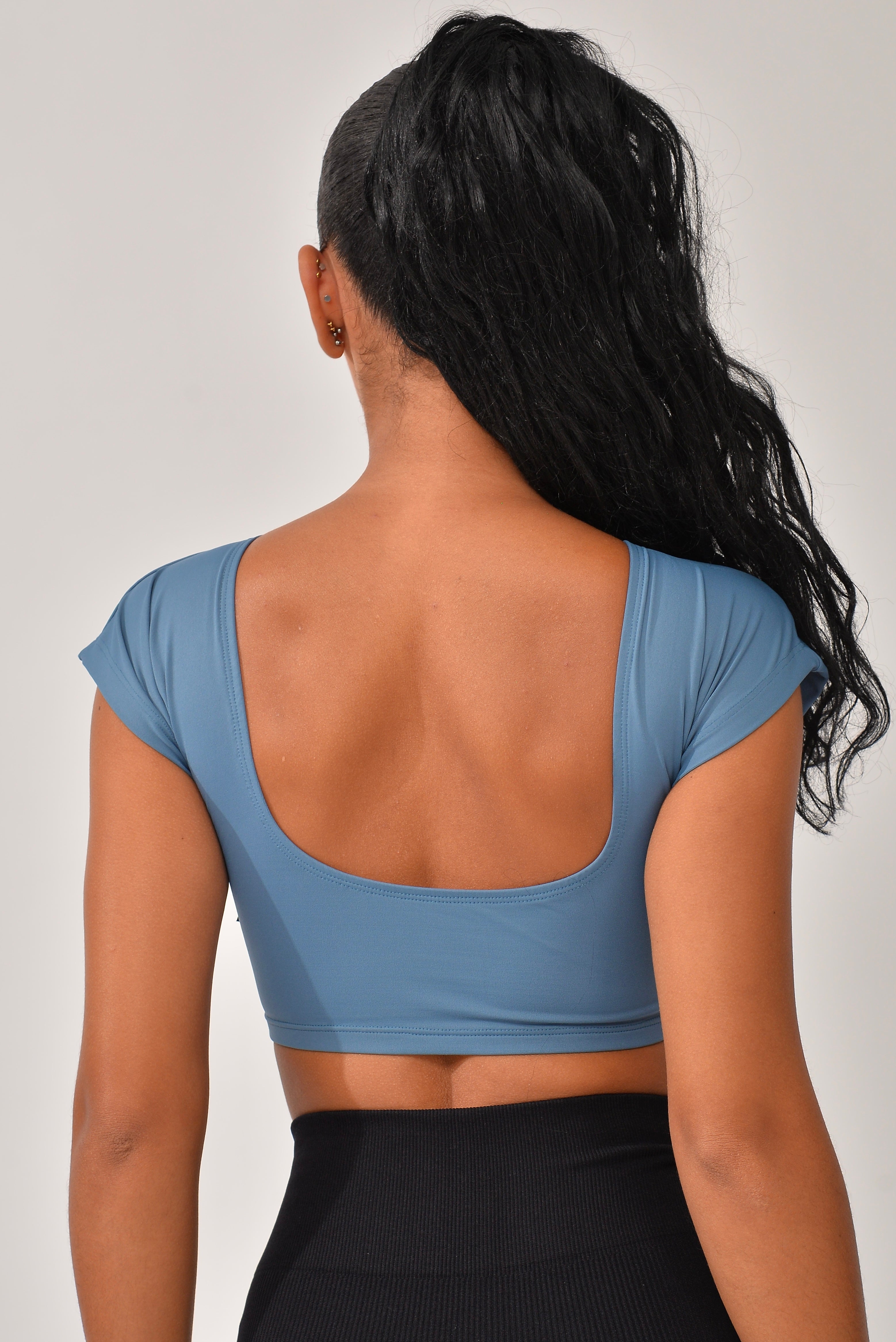 Top Cropped Fitness Com Manga Azul