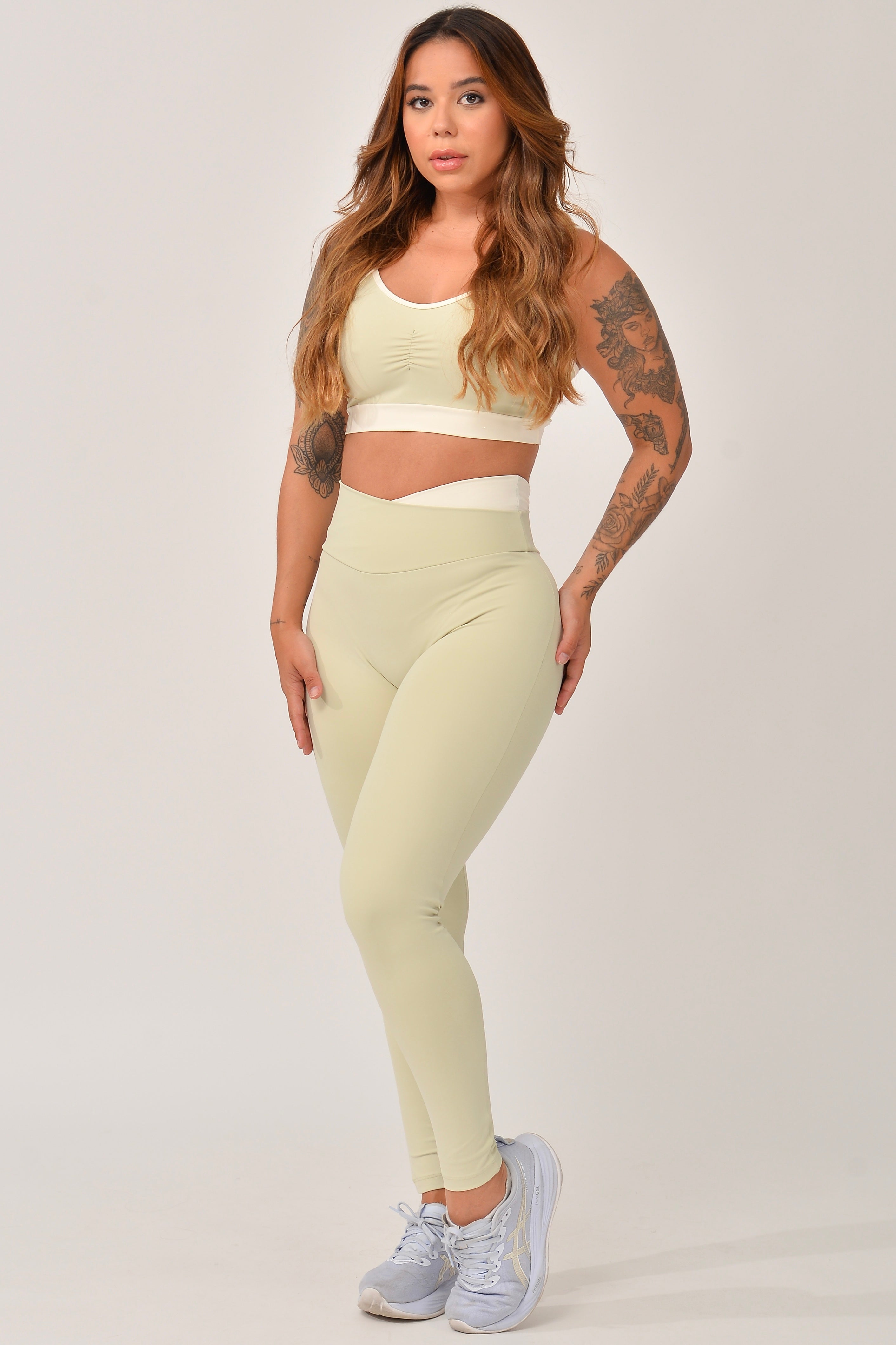 Legging Cós Transpassado Verde e Off White Duo JuPxt