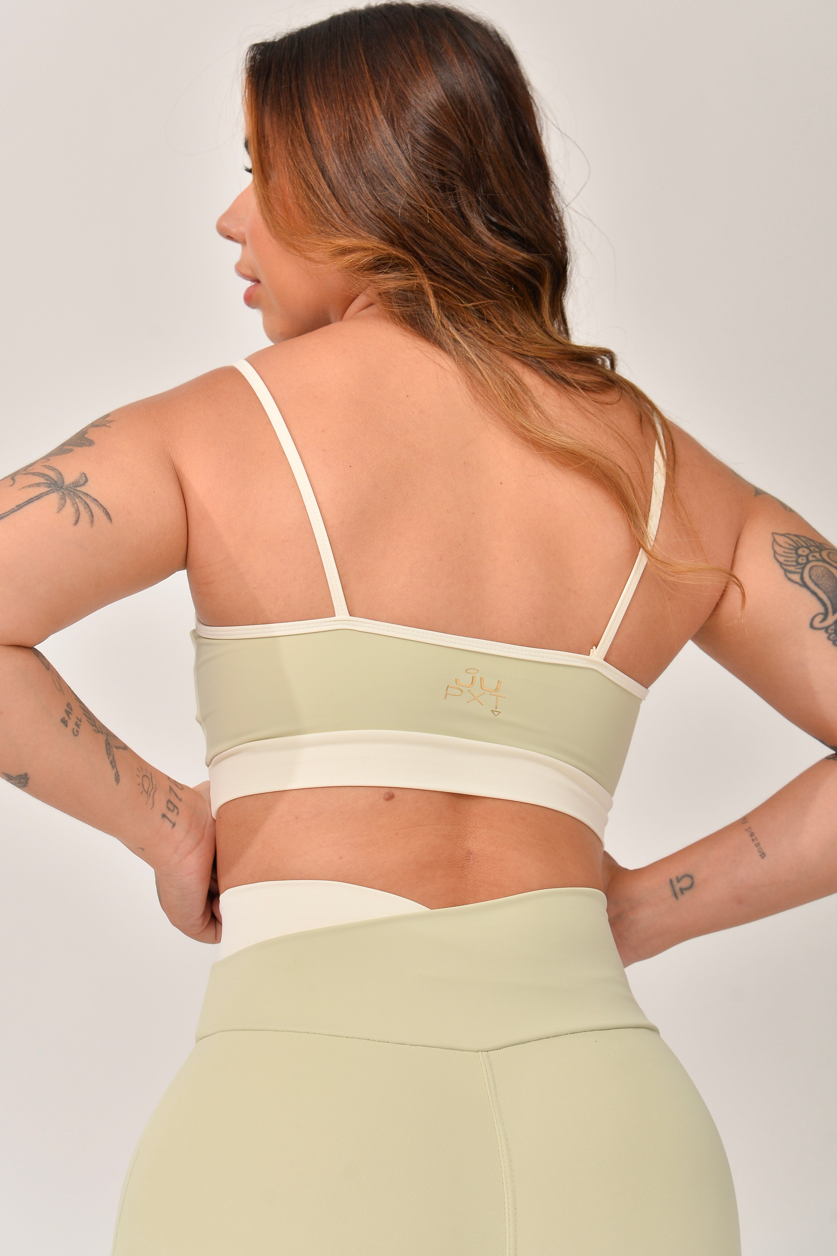 Legging Cós Transpassado Verde e Off White Duo JuPxt